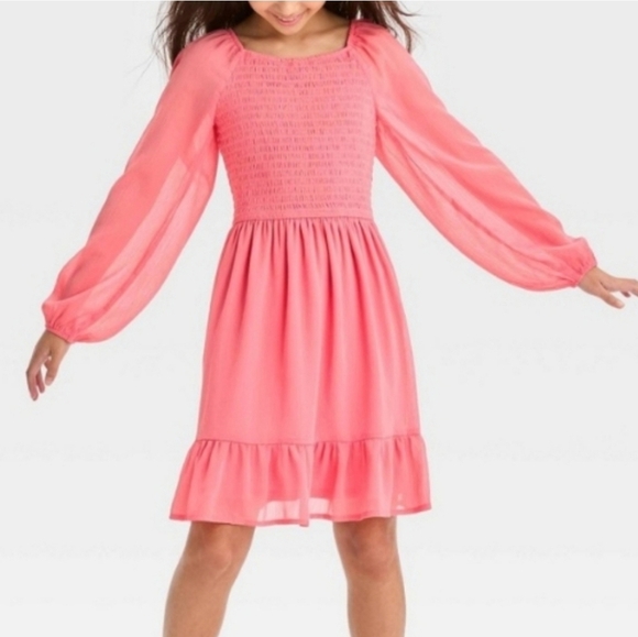 NWT art class coral pink smocked bodice chiffon dress girls size large 10/12 - Picture 1 of 11
